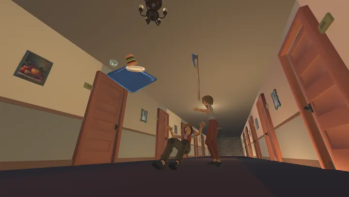 A room service tray flies through the air past a porter holding an axe.