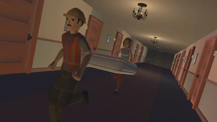 Two porters carrying a mattress at a run down a tilted corridor.