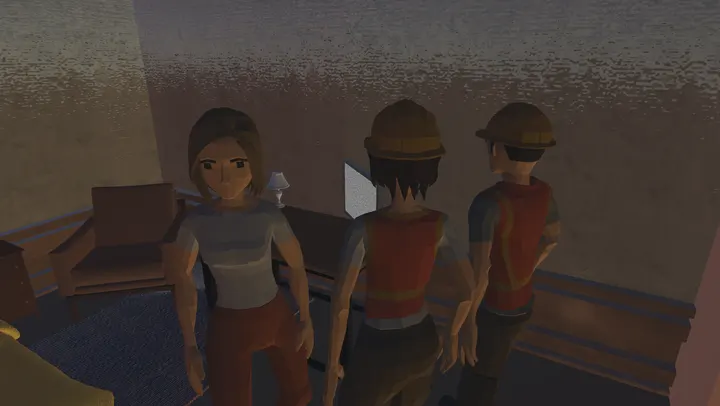 Three porters stand in a dark guest room staring at a television full of static.