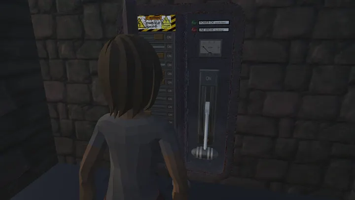 A porter faces the breaker board in a brick basement.